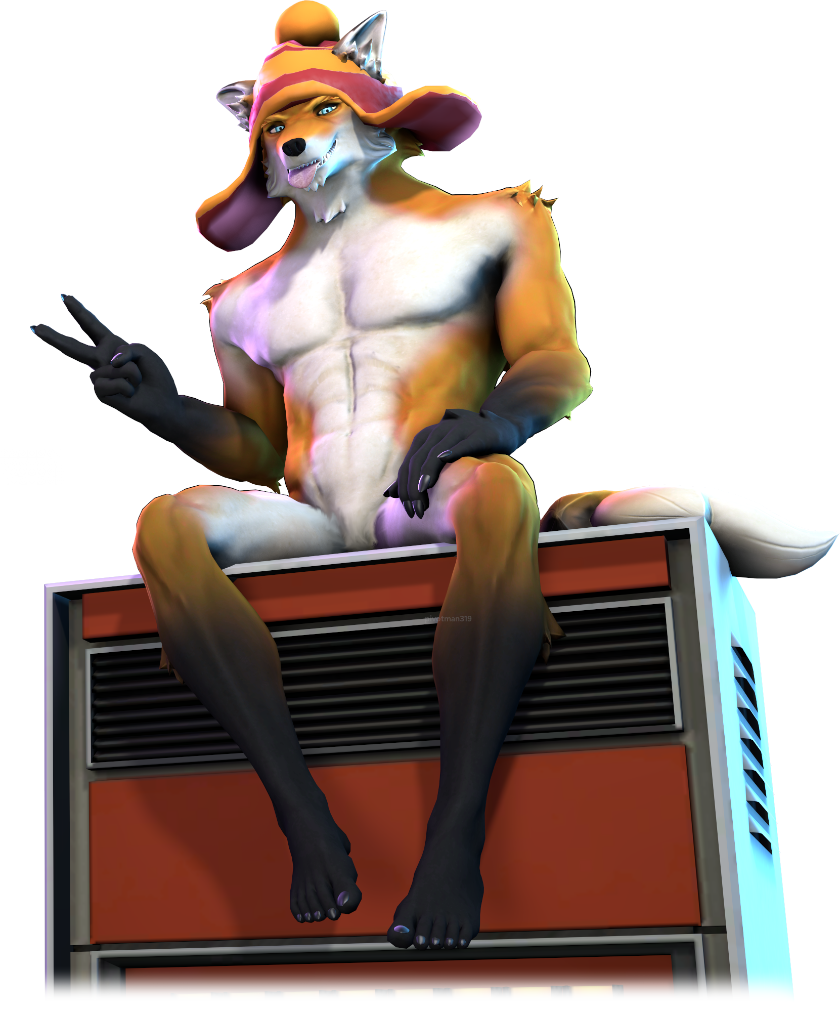 anthropomorphic fox-wolf combo sticking out a peace sign in front of the viewer, while sitting on a large server cabinet