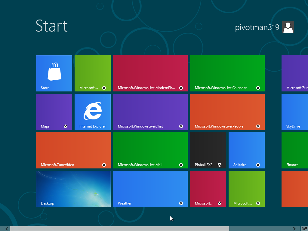 a whole bunch of non-working application tiles displayed on Windows 8 beta escrow build 8220's start screen. internal screwery ahead.