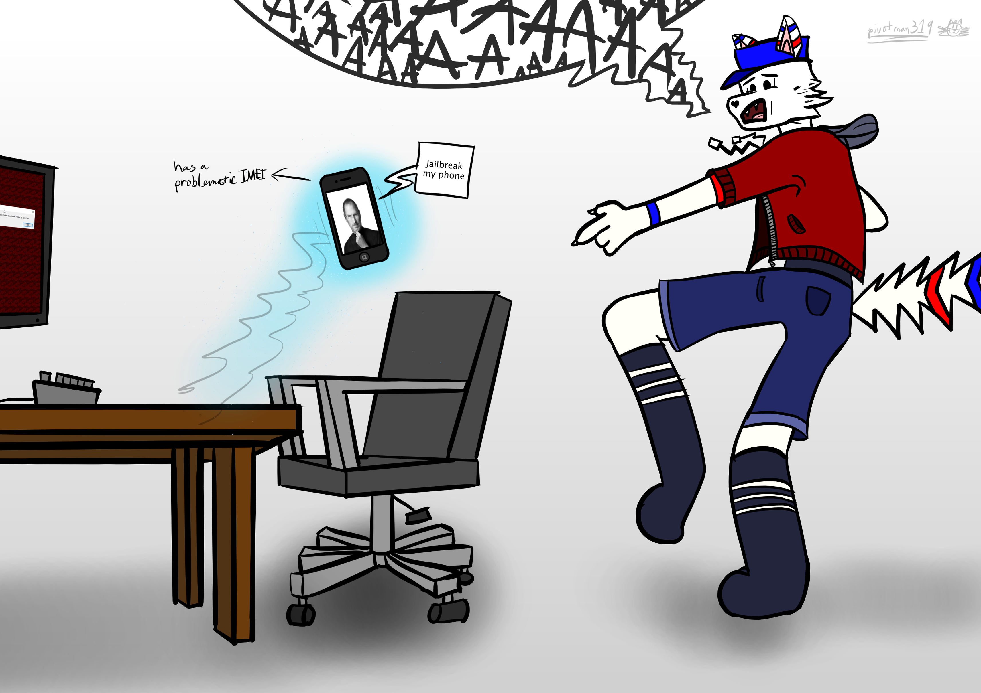 Atapi, a cat, trembles in fear as their iPhone begins to float off their computer desk as the ghost of Steve Jobs manifests demanding they jailbreak the phone.